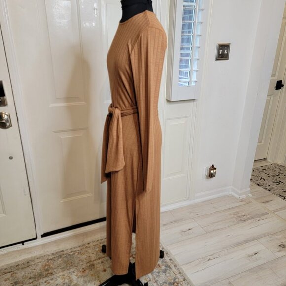 Topshop Tan Ribbed Long Sleeve Midi Dress with Waist Tie | Size 10 - Picture 5 of 12